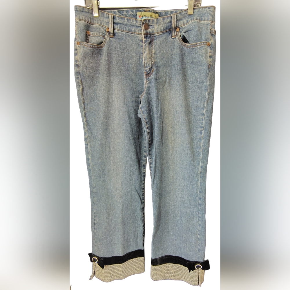 Too She She Embellished Sequins & Velvet Bow Hem Blue Jeans Sz 12
